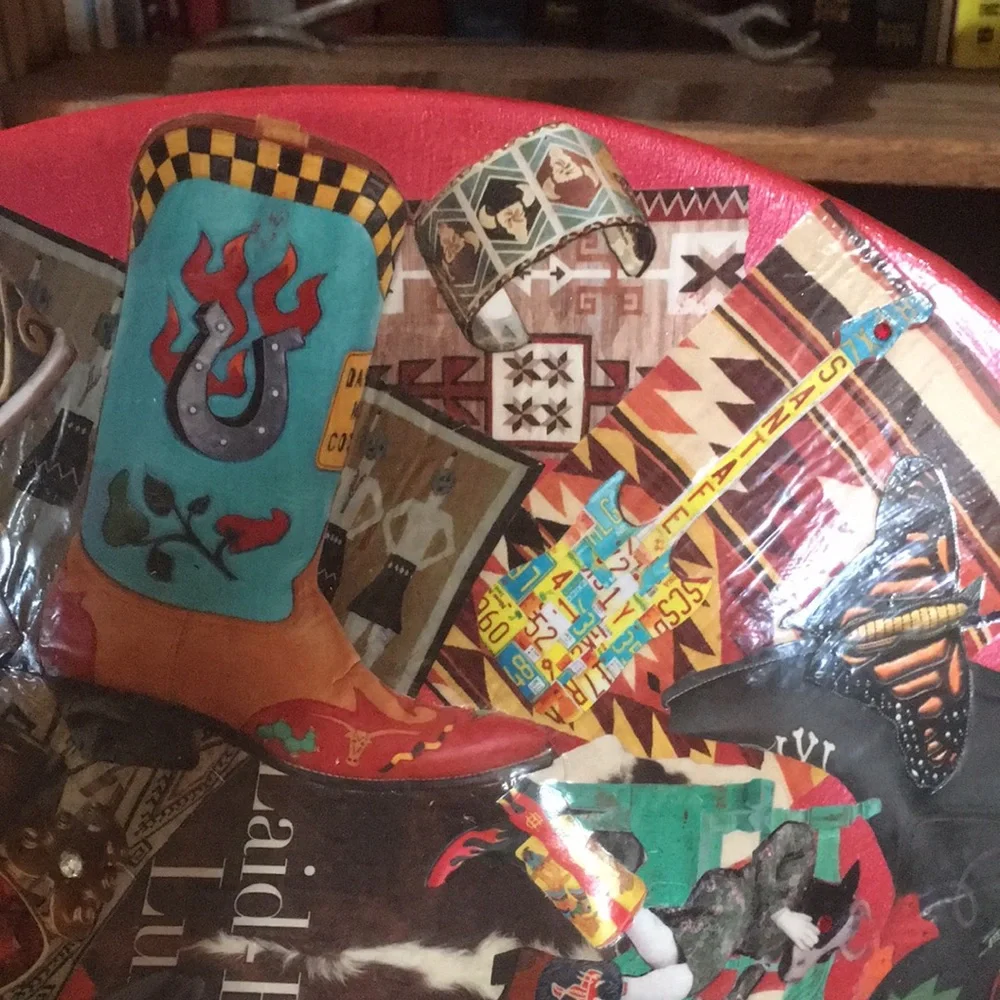 Hand Crafted Vintage Bowl Colorful Southwest Cowboy boots Jewelry Decoupage Art - Picture 6 of 11